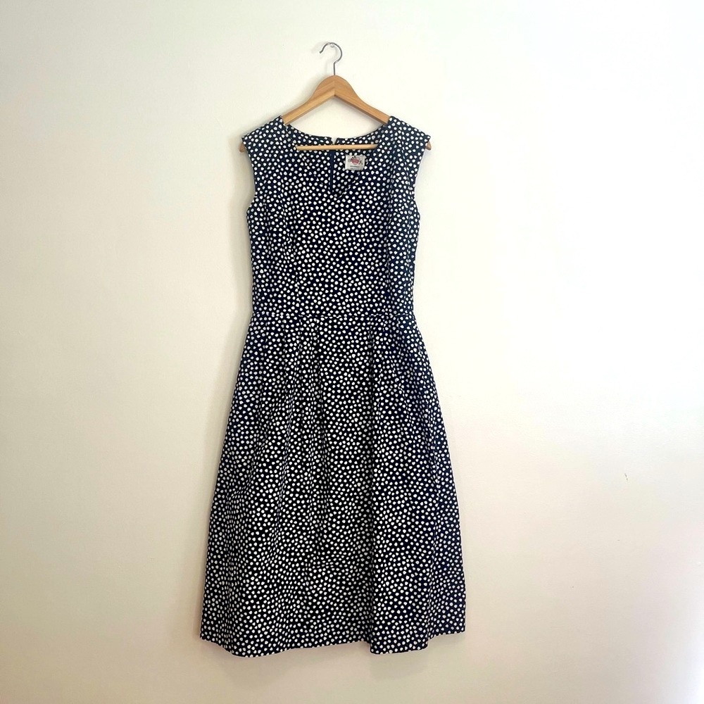 Lanz Vintage 1970s Elegant Navy Blue and White Polka Dot Dress - Picture 5 of 13